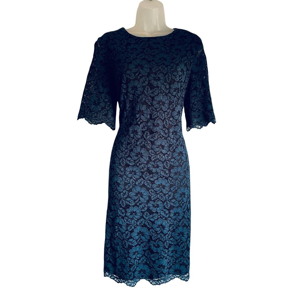 American Living Floral Lace Overlay Knee Length Dress Navy Women's 10